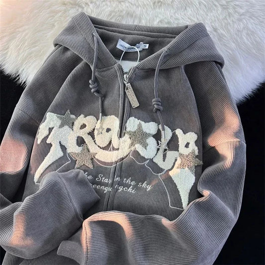 Fashion Embroidery Zip Up Hoodies Women